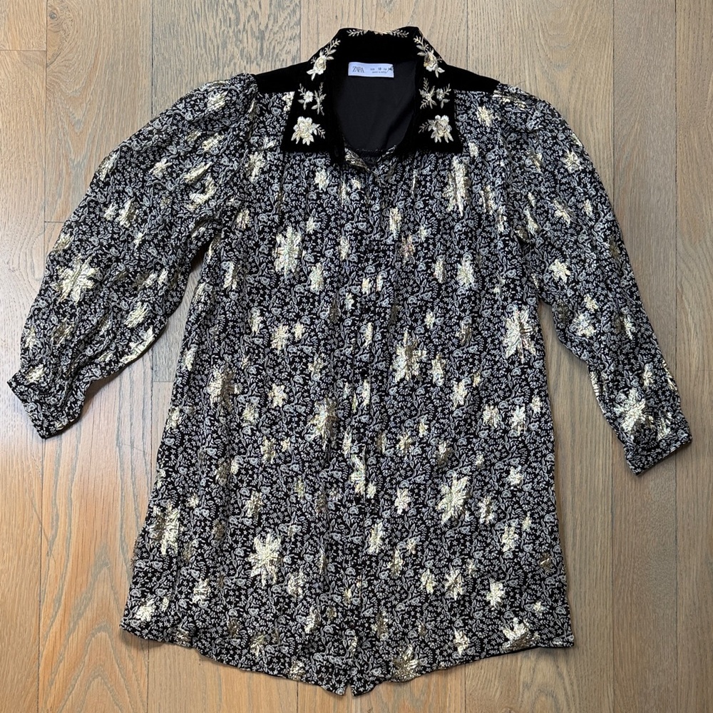 Zara Black & metallic Floral Button-Down dress. Girls size 10. EUC.